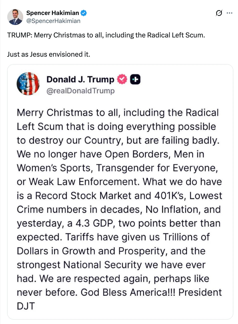 تغريدة لسبنسر حكيميان يشارك فيها رسالة من دونالد جيه ترامب حول تحية عيد الميلاد المثيرة للجدل
