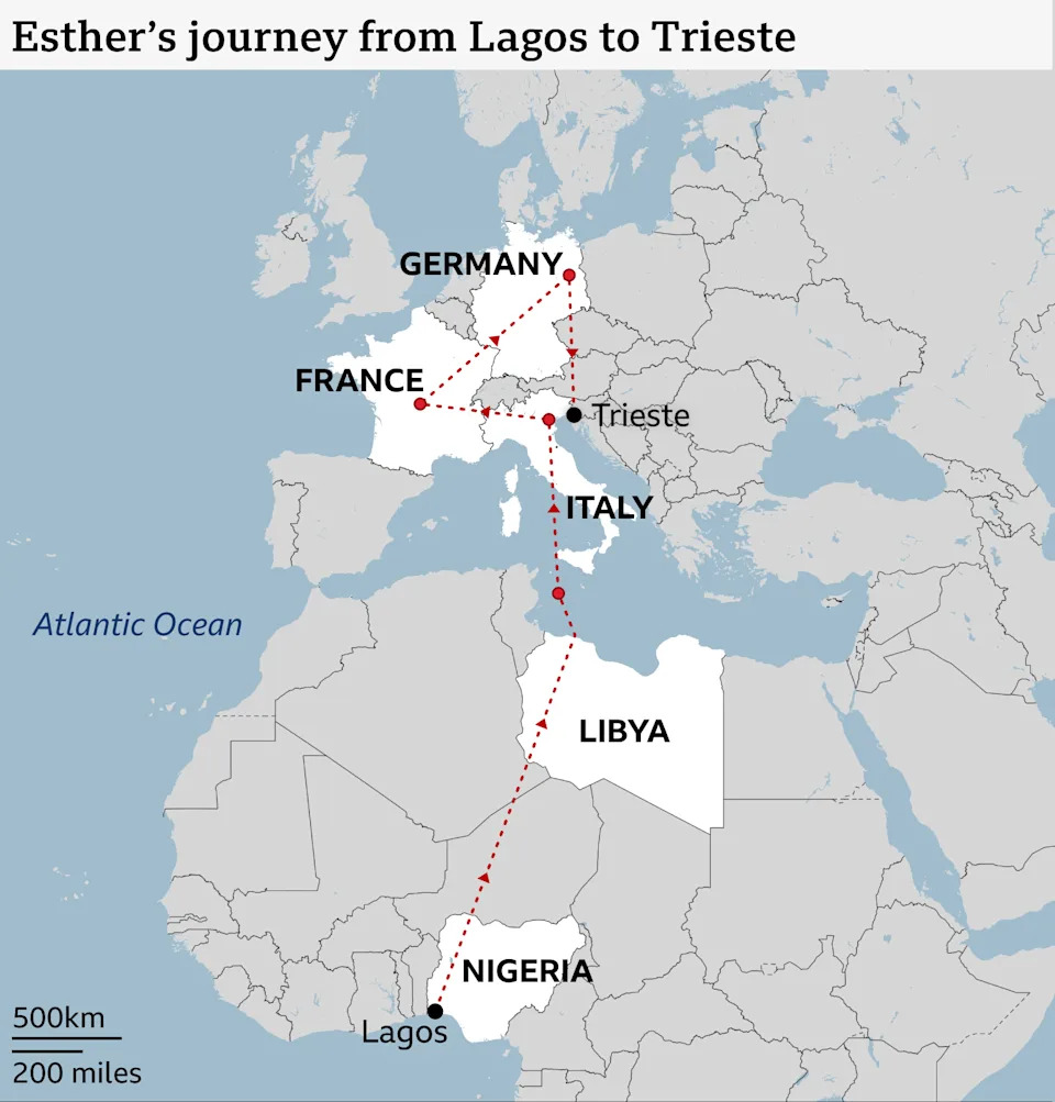 خريطة توضح رحلة إستر من نيجيريا إلى ليبيا وإيطاليا وفرنسا وألمانيا والعودة إلى إيطاليا. 