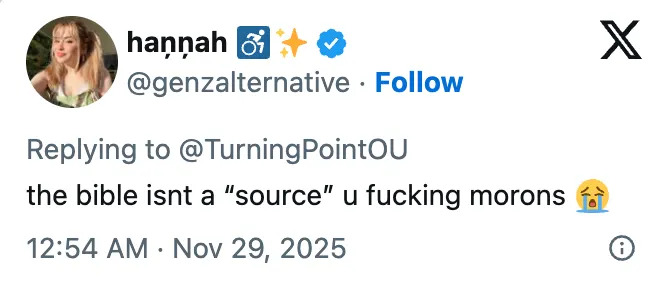 تغريدة بواسطة @genzalternative ردًا على TurningPointOU: "الكتاب المقدس ليس 