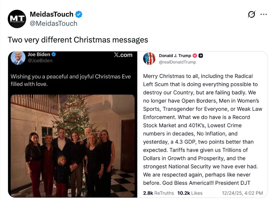 رسالتان متناقضتان بمناسبة عيد الميلاد من جو بايدن يتمنى السلام ومن دونالد ترامب يناقشان موضوعات سياسية واقتصادية