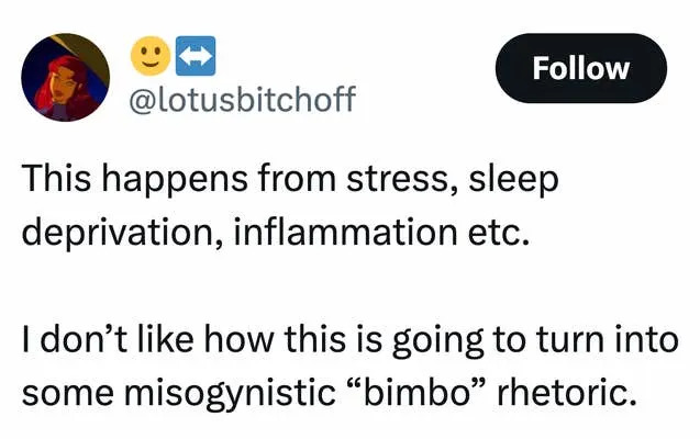 تغريدة تقرأ، "يحدث هذا بسبب التوتر والحرمان من النوم والالتهاب وما إلى ذلك. لا أحب كيف سيتحول هذا إلى خطاب 