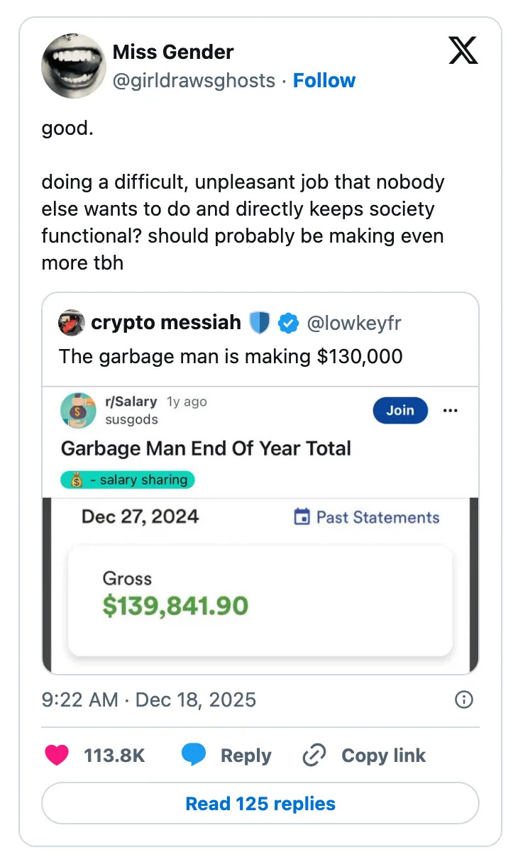 تنشر إحدى التغريدات منشورًا سريع الانتشار يُظهر أرباح رجل القمامة البالغة 139,841.90 دولارًا، مما يسلط الضوء على التقدير لهذه الوظيفة الأساسية