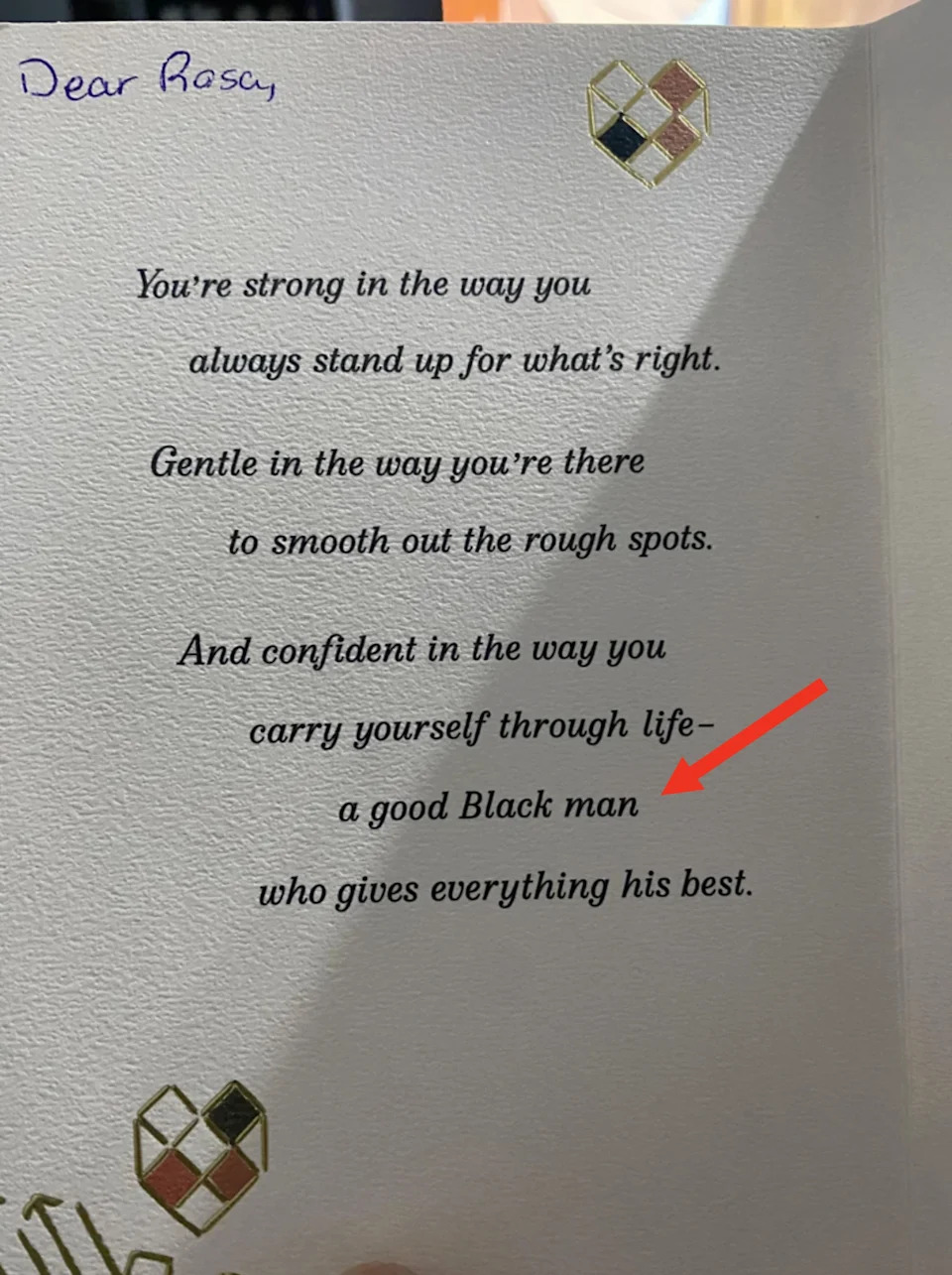 بطاقة تحتوي على رسالة تشيد بقوة الرجل ولطفه وثقته في الحياة، وتعترف به كشخص جيد يقدم أفضل ما لديه