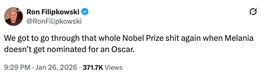 تغريدة لرون فيليبكوفسكي يمزح فيها حول عدم ترشيح ميلانيا لجائزة الأوسكار، في إشارة إلى جائزة نوبل