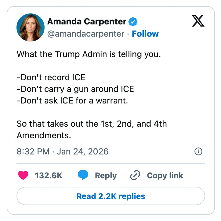 تغريدة تنتقد سياسات إدارة ترامب فيما يتعلق بشركة ICE وتأثيرها على التعديلات الأول والثاني والرابع