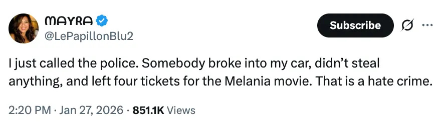 تغريدة: اقتحام سيارة، ولم تتم سرقة أي شيء، وبقيت أربع تذاكر لحضور فيلم لميلانيا؛ وصفت بأنها جريمة كراهية