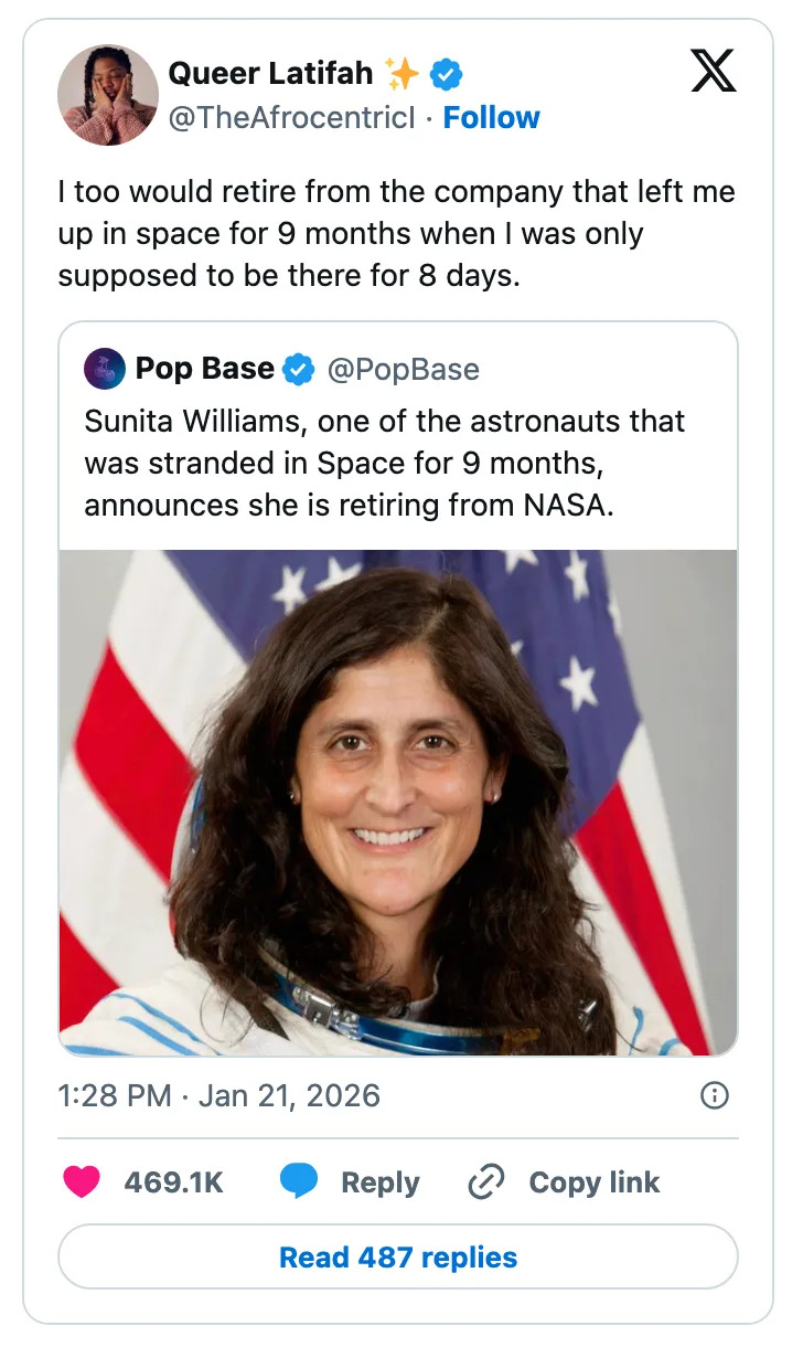تتفاعل تغريدة كوير لطيفة مع أخبار تقاعد رائدة الفضاء سونيتا ويليامز بعد إقامة في الفضاء لمدة 9 أشهر، وكان من المفترض أن تكون مهمة مدتها 8 أيام