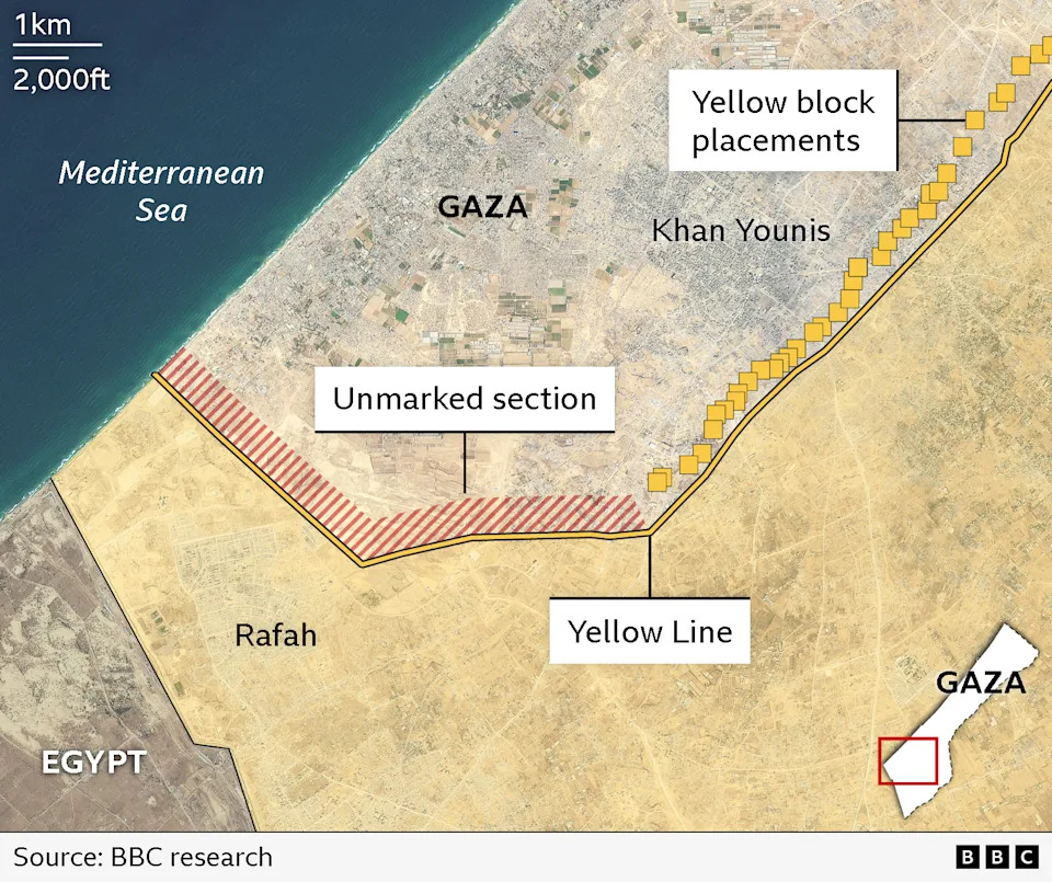 رسم بياني لهيئة الإذاعة البريطانية يوضح الأماكن التي لم يضع فيها جيش الدفاع الإسرائيلي بعد الكتل الصفراء اعتبارًا من 11 يناير.