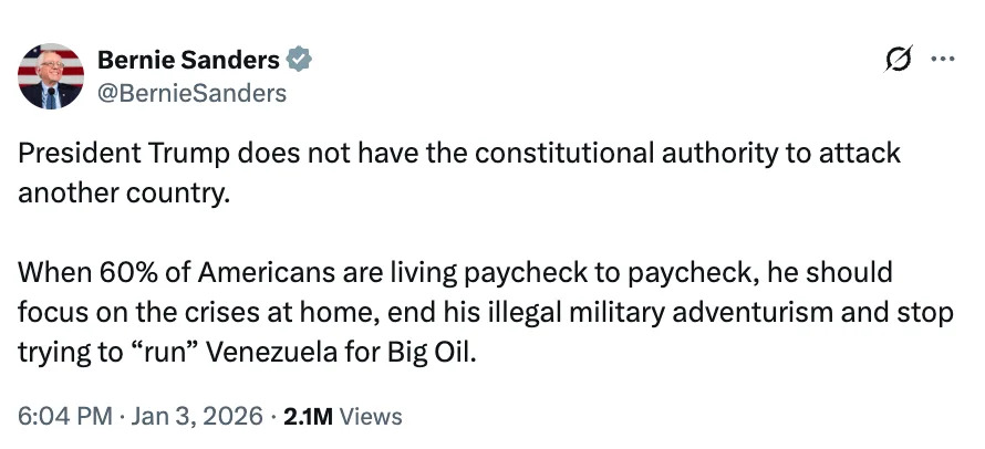 تغريدة من بيرني ساندرز تنتقد سلطة الرئيس ترامب لمهاجمة دولة أخرى وتحث على التركيز على القضايا الداخلية وإنهاء المغامرات الخارجية