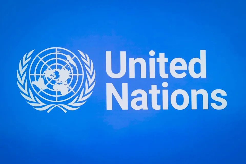 شعار الأمم المتحدة مع خريطة العالم محاطة بأغصان الزيتون والنص "الأمم المتحدة" على خلفية صلبة