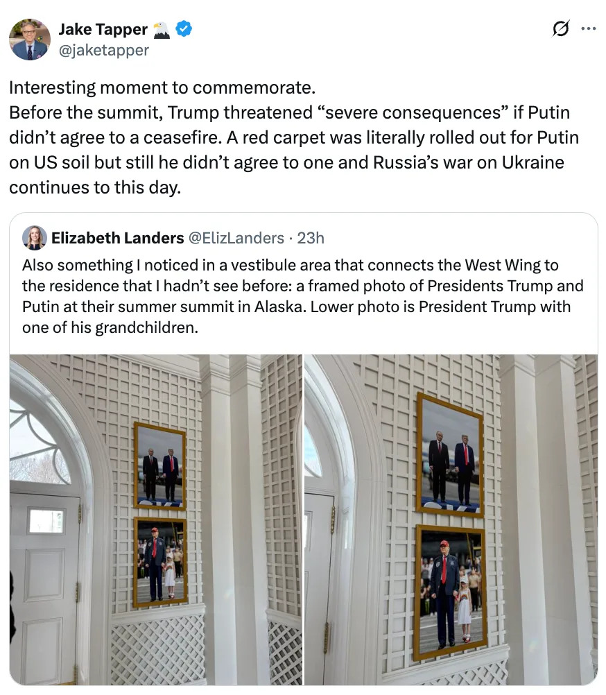 تغريدة كتبها جيك تابر حول تهديد ترامب بعواقب على بوتين قبل القمة، مع تسليط الضوء على صور اجتماع بوتين وترامب في ألاسكا