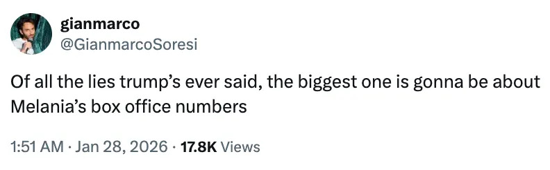 تغريدة مستخدم يمزح حول الادعاءات المبالغ فيها بشأن أرقام شباك التذاكر لميلانيا