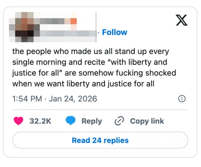 منشور على وسائل التواصل الاجتماعي يناقش المفارقة في إصابة الأشخاص بالصدمة عندما يطلب الآخرون ذلك "الحرية والعدالة للجميع" بعد قراءتها بشكل روتيني