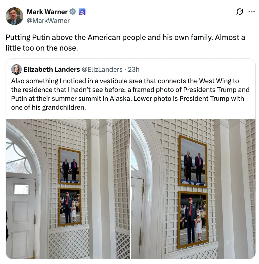 تغريدة مارك وارنر: "وضع بوتين فوق الشعب الأمريكي وعائلته. تقريبا قليلا جدا على الأنف." صورة لترامب مع بوتين وصور عائلية