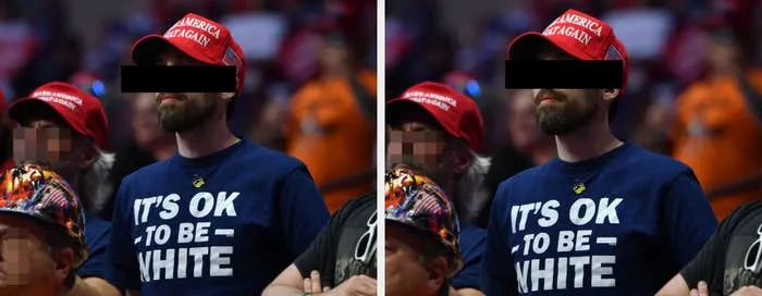 شخص يرتدي أ "جعل أمريكا عظيمة مرة أخرى" كاب و "لا بأس أن تكون أبيضًا" تي شيرت في حدث ما؛ العيون مظلمة في الصورة