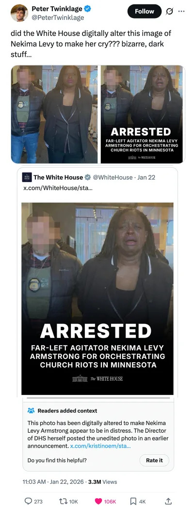 تغريدة تشكك في تغيير صورة تظهر نيكيما ليفي أرمسترونج في حالة يرثى لها "تم القبض عليه" مع سياق إضافي للتحقق من الحقائق