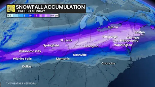 تساقط الثلوج في الولايات المتحدة حتى يوم الاثنين