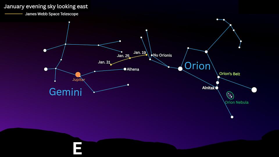 محاكاة لسماء الليل لشهر يناير تظهر نجوم كوكبتي الجوزاء والأوريون فوق الأفق الشرقي. 