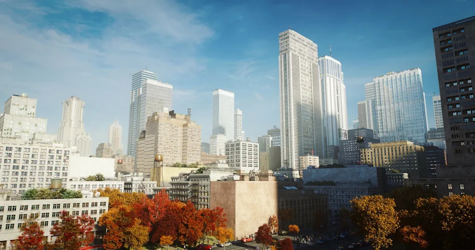 منظر للمدينة للمباني الشاهقة في صباح يوم خريفي.