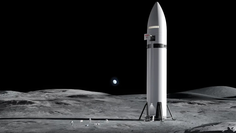 رسم توضيحي فني لمركبة Starship التابعة لشركة SpaceX على القمر أثناء مهمة رائد فضاء Artemis لصالح NASA.