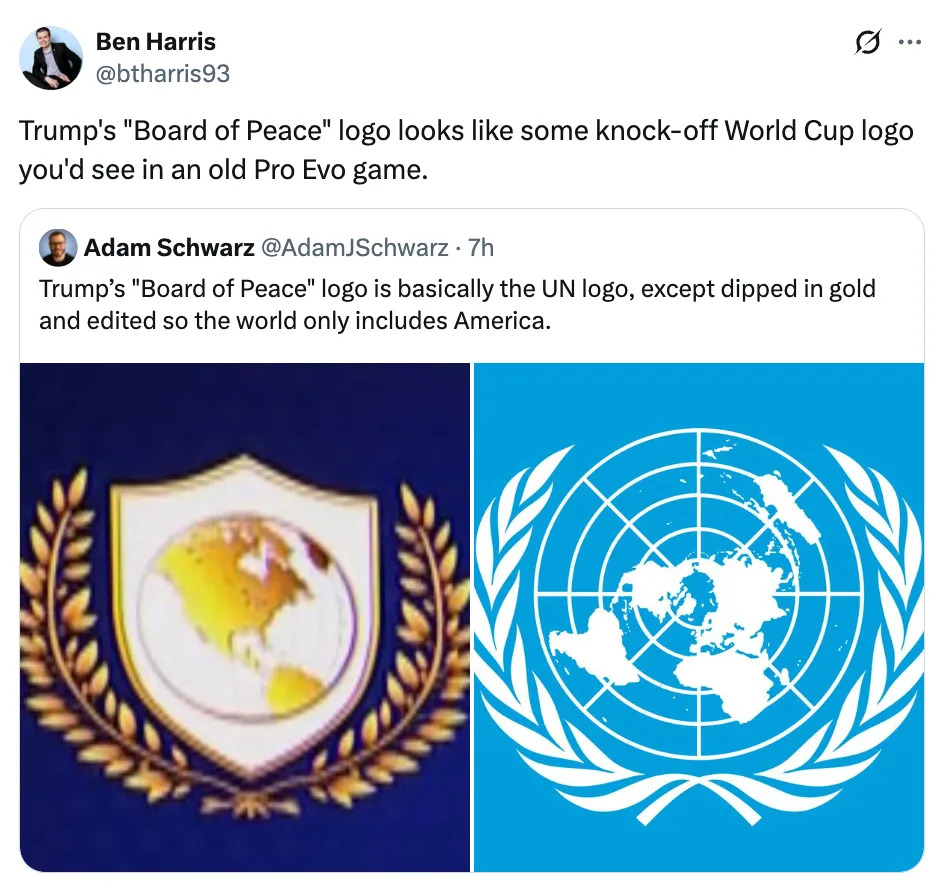 تغريدة تناقش شعار الأمم المتحدة المعدل، والذي يظهر عليه درع ذهبي "مجلس السلام" مع الصور الأمريكية