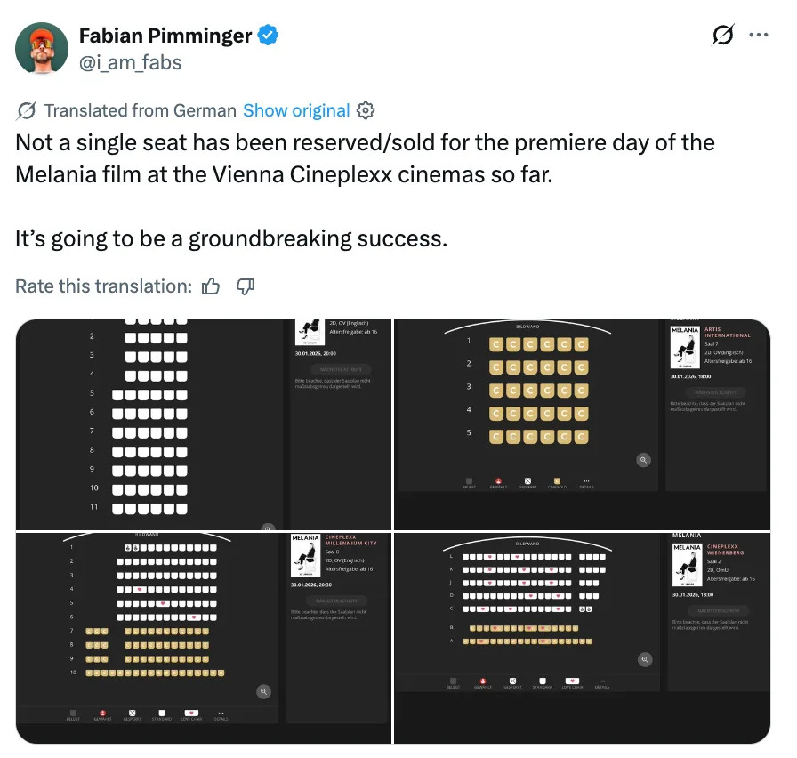 لقطة شاشة من تغريدة تظهر عدم بيع أي مقاعد في العرض الأول لفيلم ميلانيا في فيينا سينيبلكس