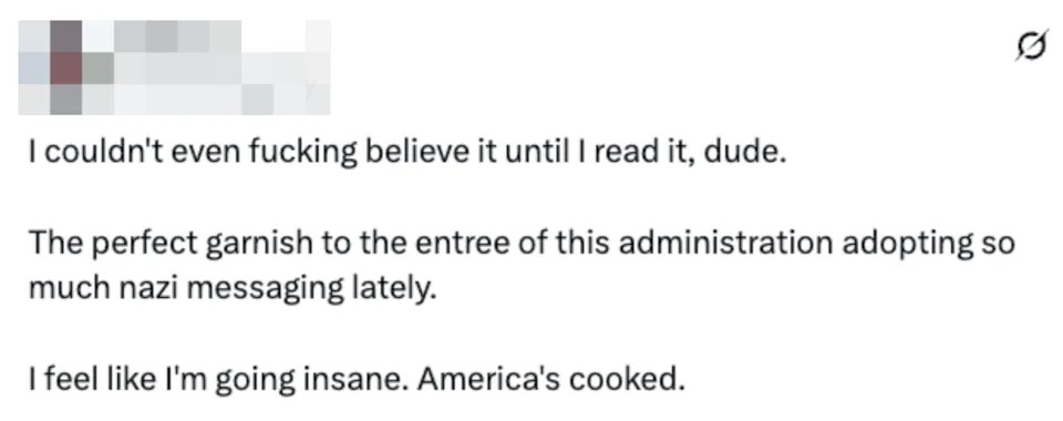 تغريدة تعبر عن عدم التصديق والقلق بشأن رسائل الإدارة الحالية، مما يشير إلى أنها تتماشى مع الأيديولوجيات السلبية