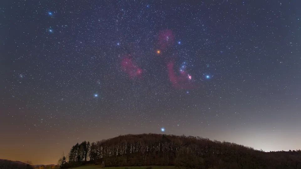 تمتزج النجوم الزرقاء الساطعة مع الغاز الوردي الملتف في سماء الليل الزرقاء الداكنة المطلة على الغابة بالأسفل.