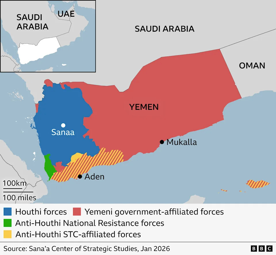 خريطة توضح كيف تسيطر القوات التابعة للحكومة اليمنية الآن على معظم شرق اليمن، بما في ذلك المكلا الواقعة على الساحل الجنوبي. وتسيطر قوات الحوثيين على قسم في الغرب، بما في ذلك العاصمة صنعاء.