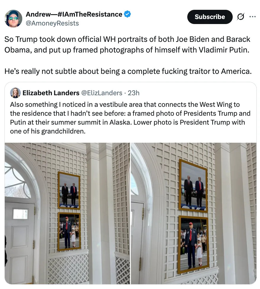 صور مؤطرة لترامب وبوتين معلقة في منطقة معمارية. تعليقات على تويتر حول استبدال صور أوباما وبايدن بهذه الصور