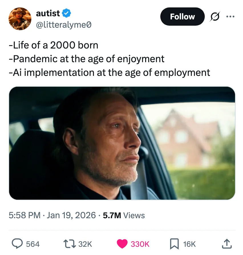 نص التغريدة: "حياة مواليد 2000 . الوباء في سن الاستمتاع. تنفيذ الذكاء الاصطناعي في سن العمل."