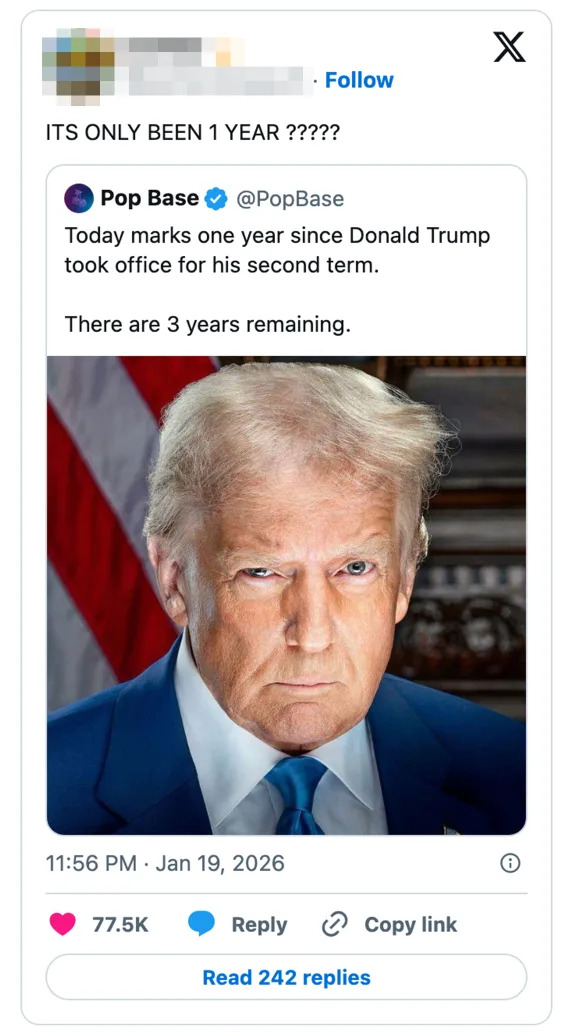 نكتة على تويتر تشير إلى أن الرئيس السابق ترامب بدأ فترة ولايته الثانية، متظاهراً أن هناك وقتاً متبقياً. من الواضح أنها خيالية وتخلق روح الدعابة