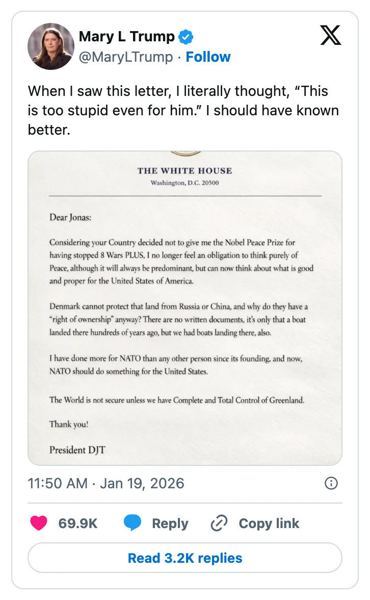 يُظهر منشور على وسائل التواصل الاجتماعي لماري إل ترامب رسالة يُزعم أنها من الرئيس DJT يرفض فيها الترشيح لجائزة نوبل للسلام، مع ذكر الناتو وجرينلاند