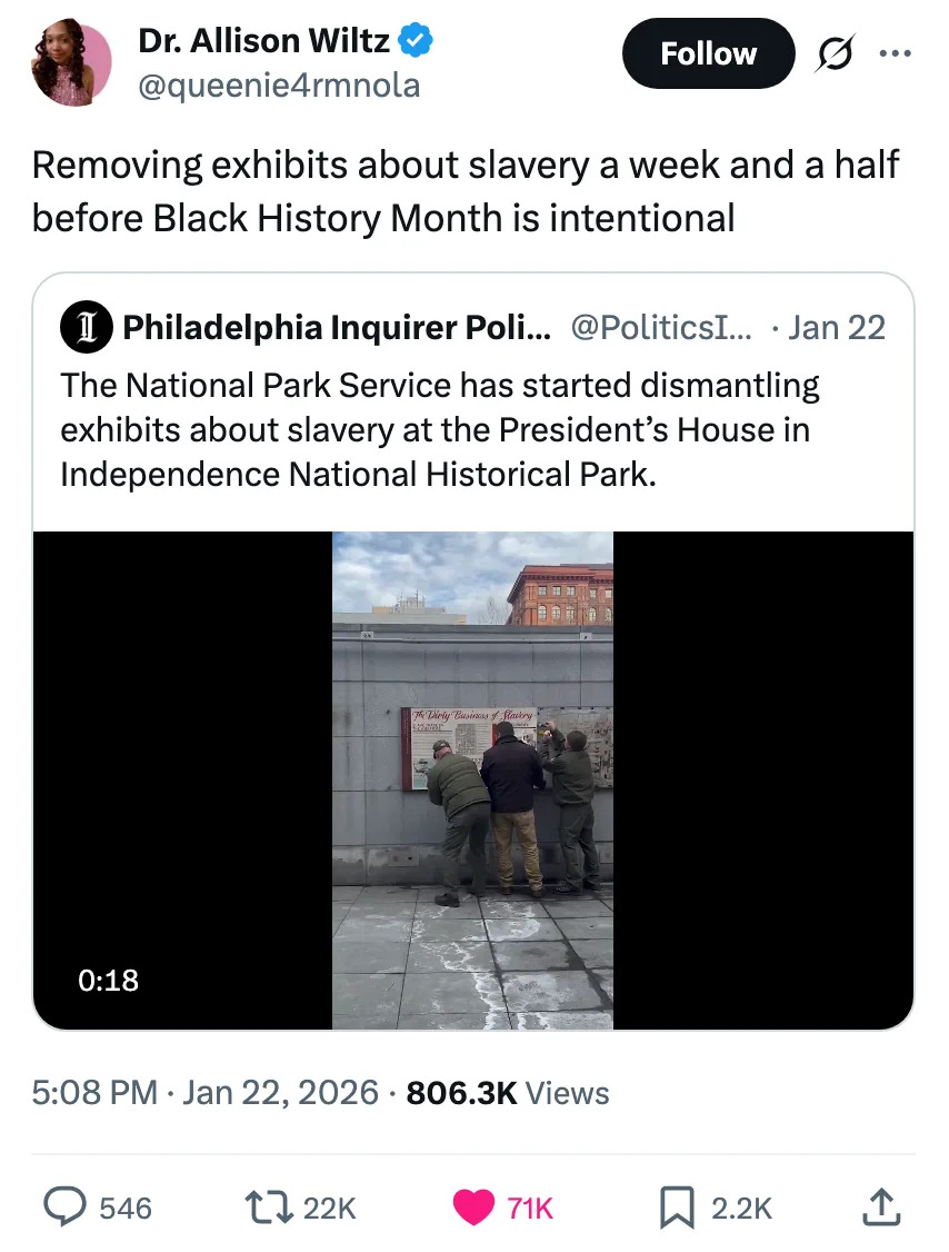 تغريدة تنتقد إزالة معروضات العبودية في منزل الرئيس في حديقة الاستقلال التاريخية الوطنية قبل شهر التاريخ الأسود