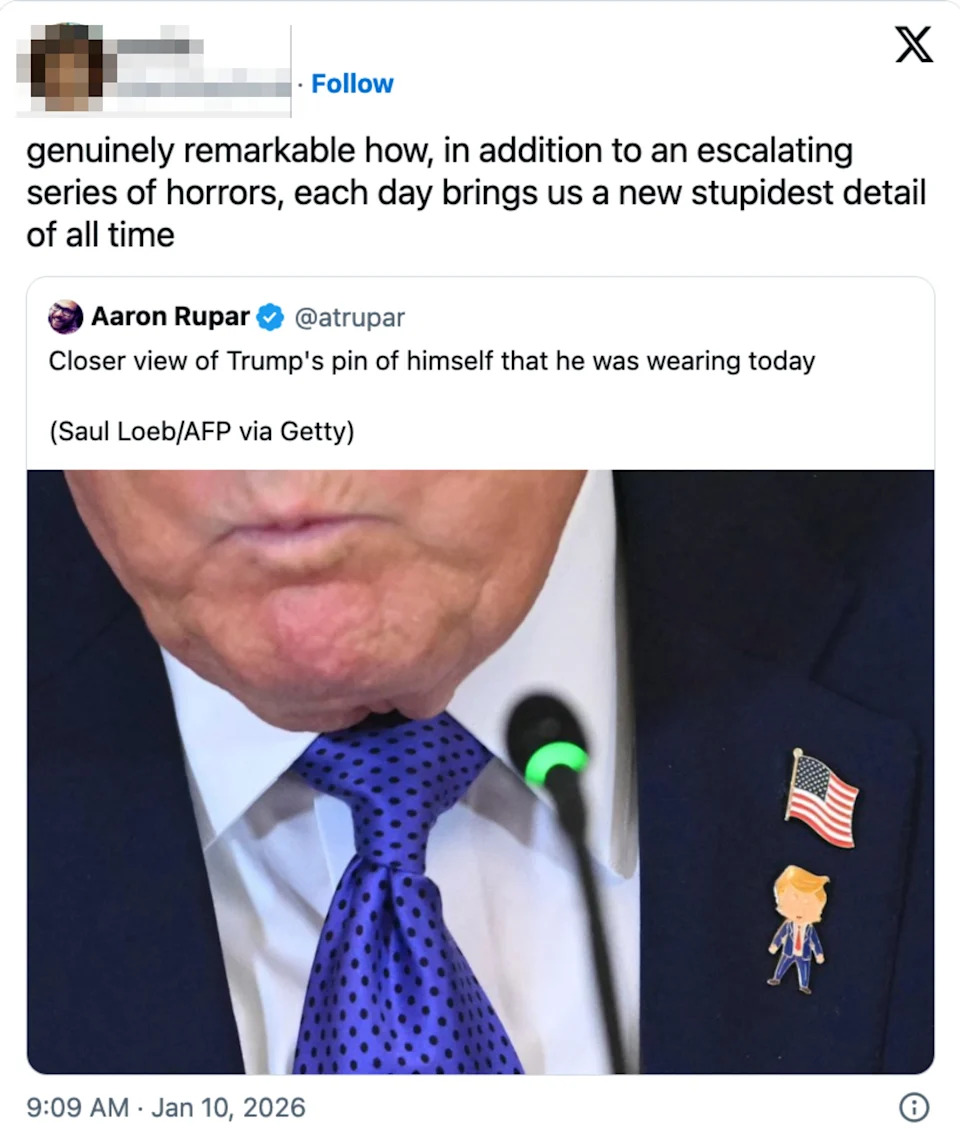 تشير التغريدة مازحًا إلى أن كل يوم يكشف المزيد "أغبى" تفاصيل حول شخصية عامة، مع تسليط الضوء على لقطة مقربة لدبوس بدلتهم