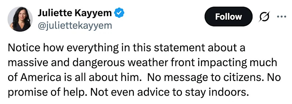 تغريدة لجولييت كايم تنتقد تصريحاً حول جبهة جوية خطيرة، مشيرة إلى غياب النصائح أو المساعدة الموجهة للمواطن