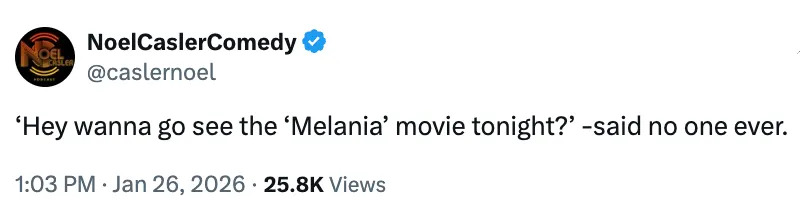 تغريدة من نويل كاسلر، تشير بطريقة فكاهية إلى عدم الاهتمام بـ أ "ميلانيا" فيلم