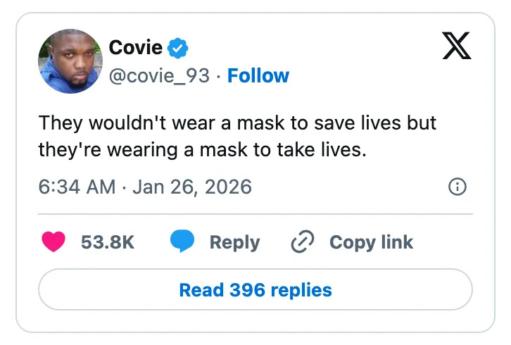 تغريدة بواسطة كوفي @covie_93: "لن يرتديوا قناعًا لإنقاذ الأرواح، لكنهم يرتدون قناعًا لإزهاق الأرواح." 53.8 ألف إعجاب، 396 ردًا