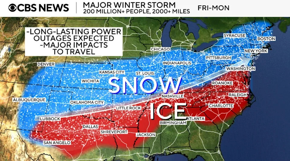 توضح الخريطة الأماكن المتوقعة لتساقط الجليد والثلوج خلال عاصفة شتوية تبدأ في 23 يناير 2026. 