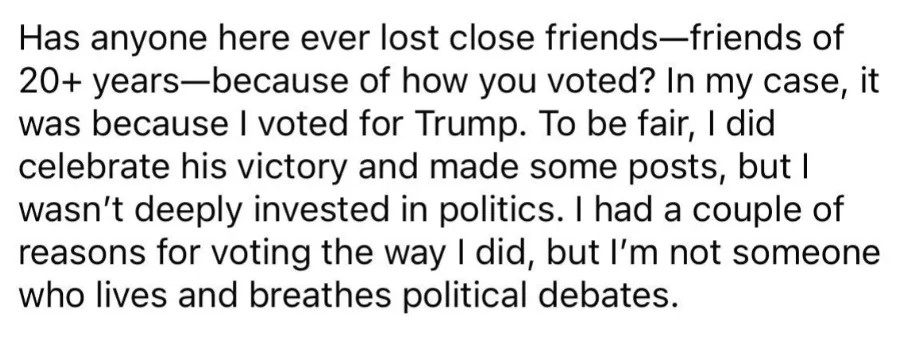 نص حول فقدان الأصدقاء على المدى الطويل بسبب التصويت لصالح ترامب، ومناقشة الأسباب وعدم المشاركة السياسية العميقة