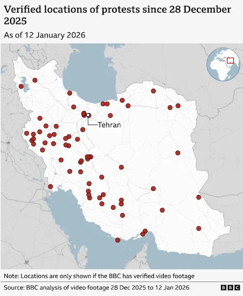 خريطة لإيران تظهر المواقع التي تم التحقق منها للاحتجاجات منذ 28 ديسمبر 2025، اعتبارًا من 12 يناير 2026. وتسلط الخريطة الضوء على طهران.