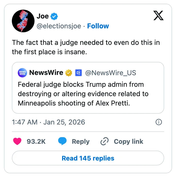 منشور على وسائل التواصل الاجتماعي يناقش قاضيًا فيدراليًا يمنع تدمير الأدلة المتعلقة بإطلاق النار على أليكس بريتي في مينيابوليس