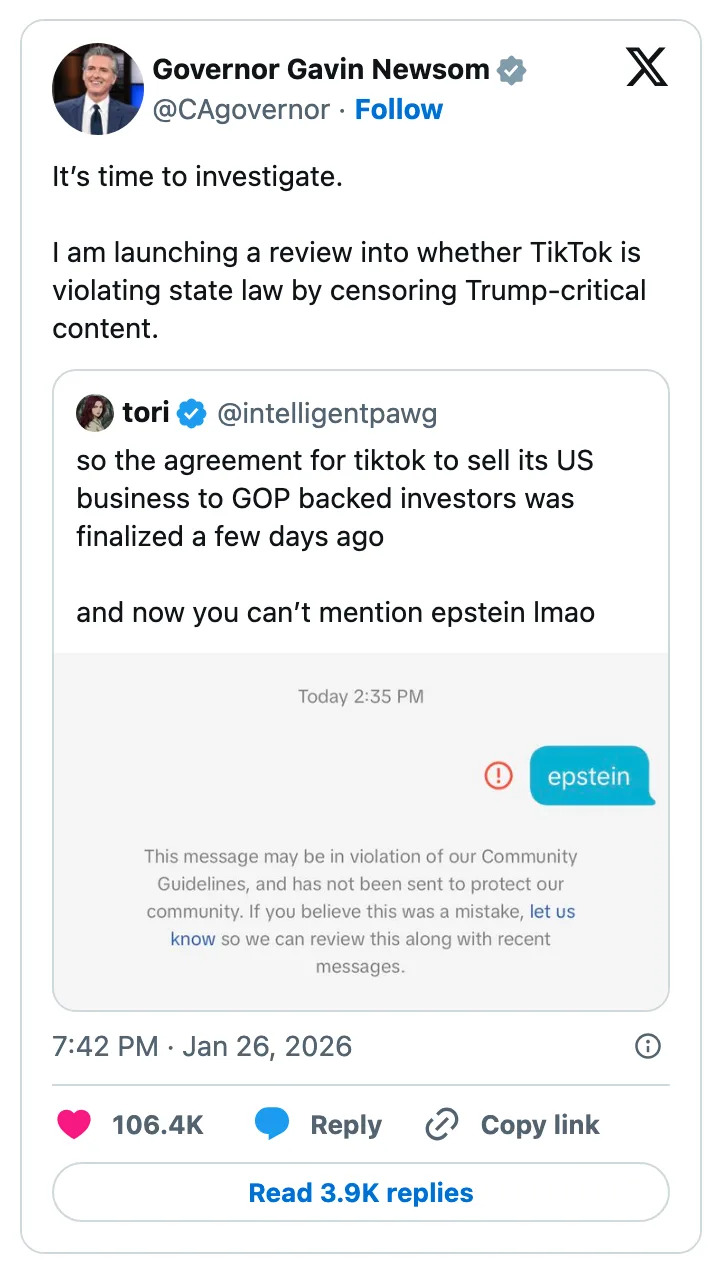 تغريدة جافين نيوسوم حول التحقيق في TikTok بشأن الرقابة المحتملة بعد الإبلاغ عن رسالة مثيرة للجدل تتعلق بجيفري إبستين