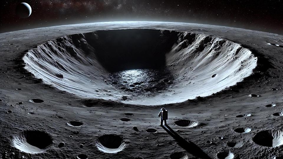 رسم توضيحي لرائد فضاء يرتدي اللون الأبيض ويقف على حافة حفرة عملاقة على القمر