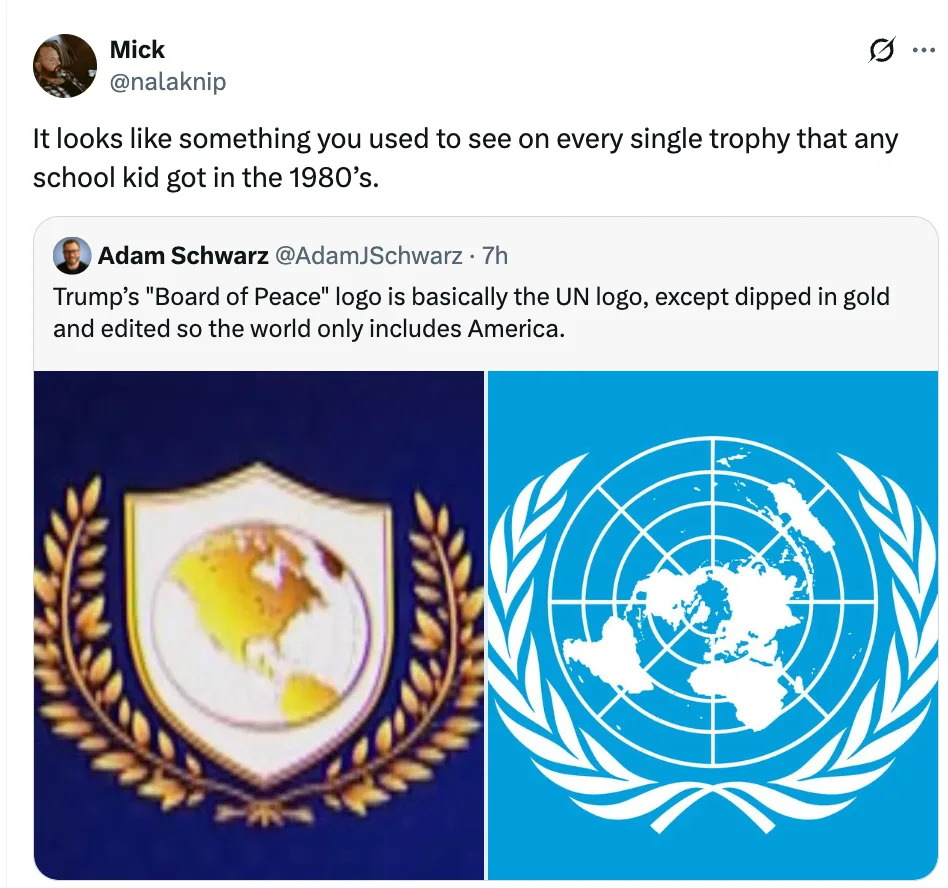 مقارنة التغريدات "مجلس السلام" شعار مع شعار الأمم المتحدة. يصف الشعار الأول بأنه يشبه جوائز الثمانينات