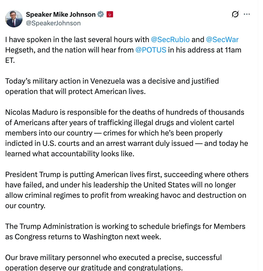 ملخص تغريدة رئيس مجلس النواب مايك جونسون: الولايات المتحدة تدعم العمل العسكري اليوم في فنزويلا، وتحمّل مادورو المسؤولية، وتهدف إلى حماية أرواح الأمريكيين وسط الإجراءات الدولية