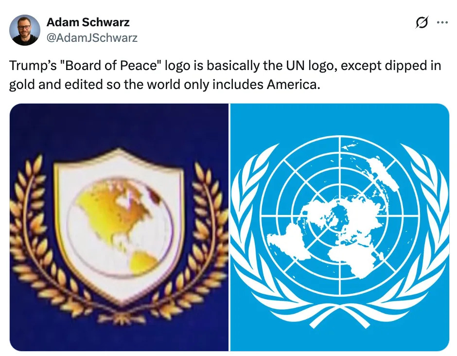 شعاران جنبًا إلى جنب: على اليسار يظهر أمريكا الشمالية على درع؛ على اليمين شعار الأمم المتحدة مع خريطة عالمية وأغصان الزيتون