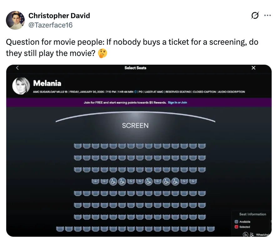 تغريدة حول الأفلام التي تحتوي على صورة ميمي تظهر مخطط مقاعد فارغًا لقاعة السينما، وتتساءل عما إذا كانت الأفلام لا تزال تُعرض دون أي مبيعات للتذاكر