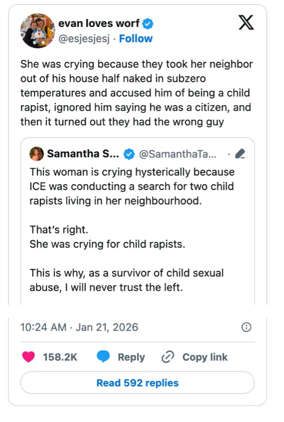 تبادل تويتر يناقش امرأة مستاءة من ICE التي استهدفت عن طريق الخطأ الشخص الخطأ باعتباره مغتصبًا للأطفال. تشارك سامانثا الأخبار ووجهة نظرها الشخصية