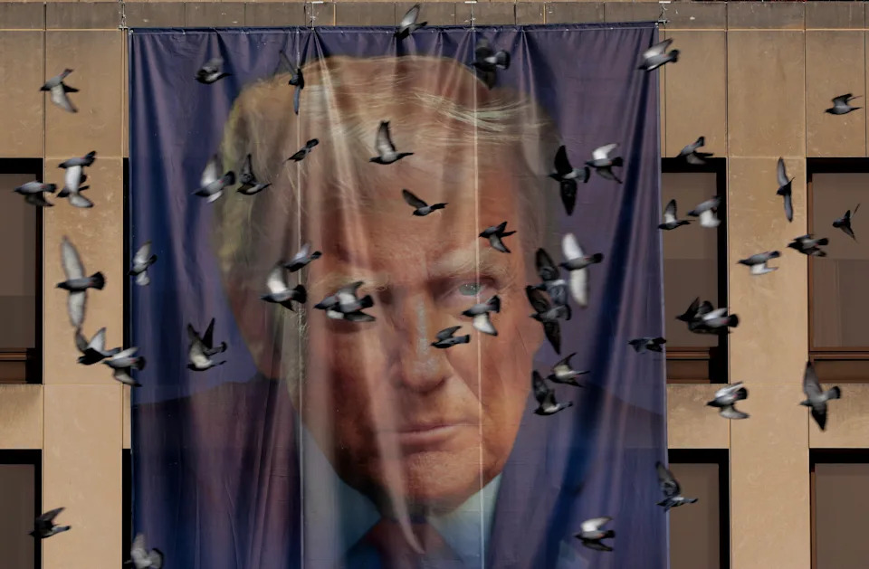 لافتة وجه كبيرة فوق واجهة المبنى مع طيور تحلق في المقدمة، مما يحجب الصورة جزئيًا